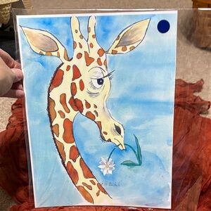 Whimsical Giraffe Art Print with Blue Background
